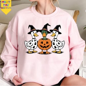 A pink sweatshirt with a Halloween-themed graphic design featuring three cartoon ducks wearing witch hats and a carved pumpkin.