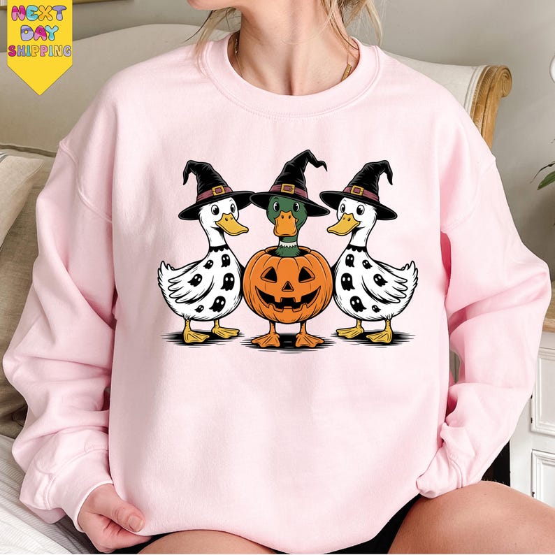 A pink sweatshirt with a Halloween-themed graphic design featuring three cartoon ducks wearing witch hats and a carved pumpkin.