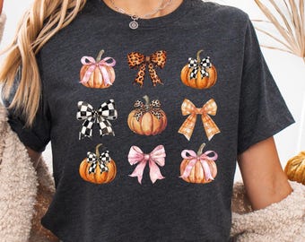 Pumpkin Bow Halloween Shirt, Womens Fall Tee, Coquette Aesthetic, Orange Pumpkin Shirt, Cute Pumpkins and Bows Shirt