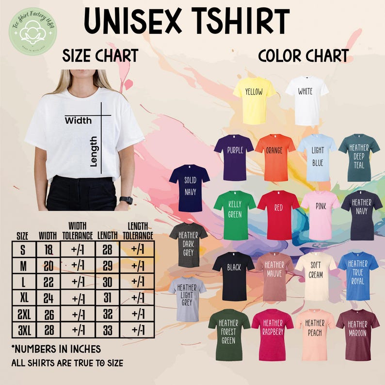 The image is a collage of various t-shirt designs, each with a different color and size chart, along with a woman wearing a white t-shirt. The image includes a size chart and color chart for the t-shirts, providing information about the width and color options available for each design.