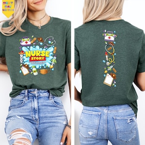 A woman wearing a green t-shirt with a cartoon-style design of medical equipment and a nurse, along with the text "NURSE STORY" printed on it.