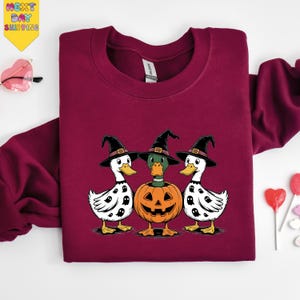A burgundy sweatshirt with a Halloween-themed graphic design featuring three white ducks wearing witch hats and standing next to a carved pumpkin.