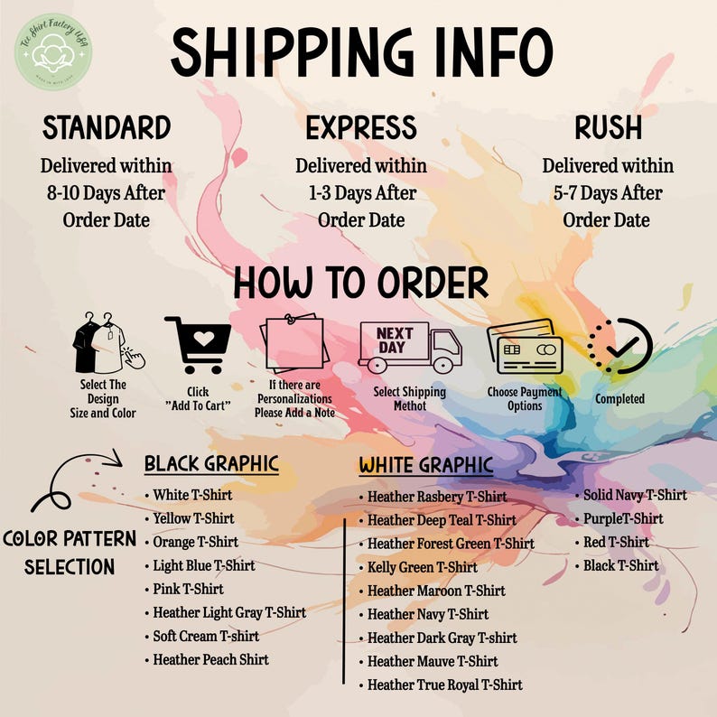 The image is a colorful and vibrant graphic that provides shipping information for various types of shirts. It includes icons and text to guide customers through the process of ordering and shipping their shirts.