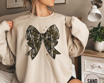 Camo Bow Sweatshirt, Camo Coquette Bow Shirt, Duck Hunting Shirt, Old School Camo Shirt, Fall Shirt, Women's Camouflage Bow Shirt,Camo Shirt