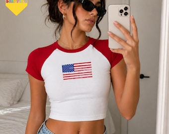 USA Flag Baby Tee, Distressed 4th of July Crop Top, Retro USA BabyTee, Usa Flag Tee, Usa shirt, 4th of july flag Shirt, America
