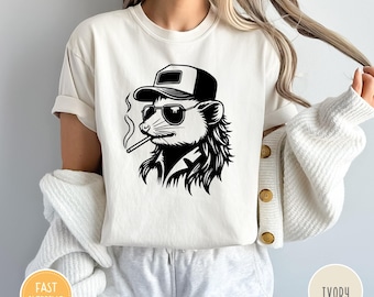 Comfort Colors® Shirt, Possum Mullet with sunglasses smoking Shirt, Cool Possum Trucker Hat Silhouette,Possum Shirt, Raccoon  Shirt