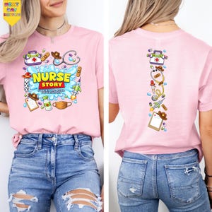 A woman wearing a pink t-shirt with a cartoon-style design of medical equipment and a nurse, along with the text "NURSE STORY for all nurses".