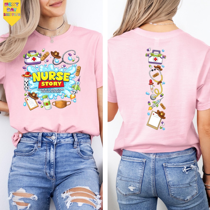 A woman wearing a pink t-shirt with a cartoon-style design of medical equipment and a nurse, along with the text "NURSE STORY for all nurses".