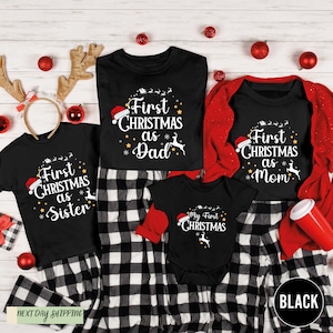 three matching christmas shirts and a plaid skirt