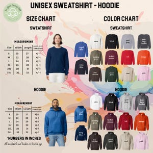 The image is a size chart and color chart for a unisex sweatshirt and hoodie, displaying various sizes and colors available in the collection.