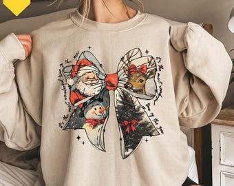 Christmas Sweatshirt, The Most Wonderful Time Of The Year Holiday Sweatshirt, Santa Claus Sweatshirt, Coquette bow, Vintage Christmas