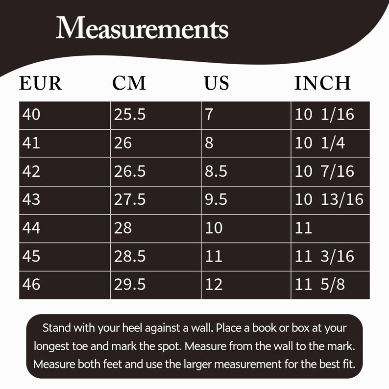 Pode incluir: Um gr&aacute;fico intitulado "Medidas" exibe convers&otilde;es de tamanhos de sapatos. Inclui medidas EUR, CM, US e INCH, com tamanhos que variam de EUR 40 (25,5 cm, US 7, 10 1/16 polegadas) a EUR 46 (29,5 cm, US 12, 11 5/8 polegadas). Instru&ccedil;&otilde;es para medir os p&eacute;s tamb&eacute;m est&atilde;o inclu&iacute;das.