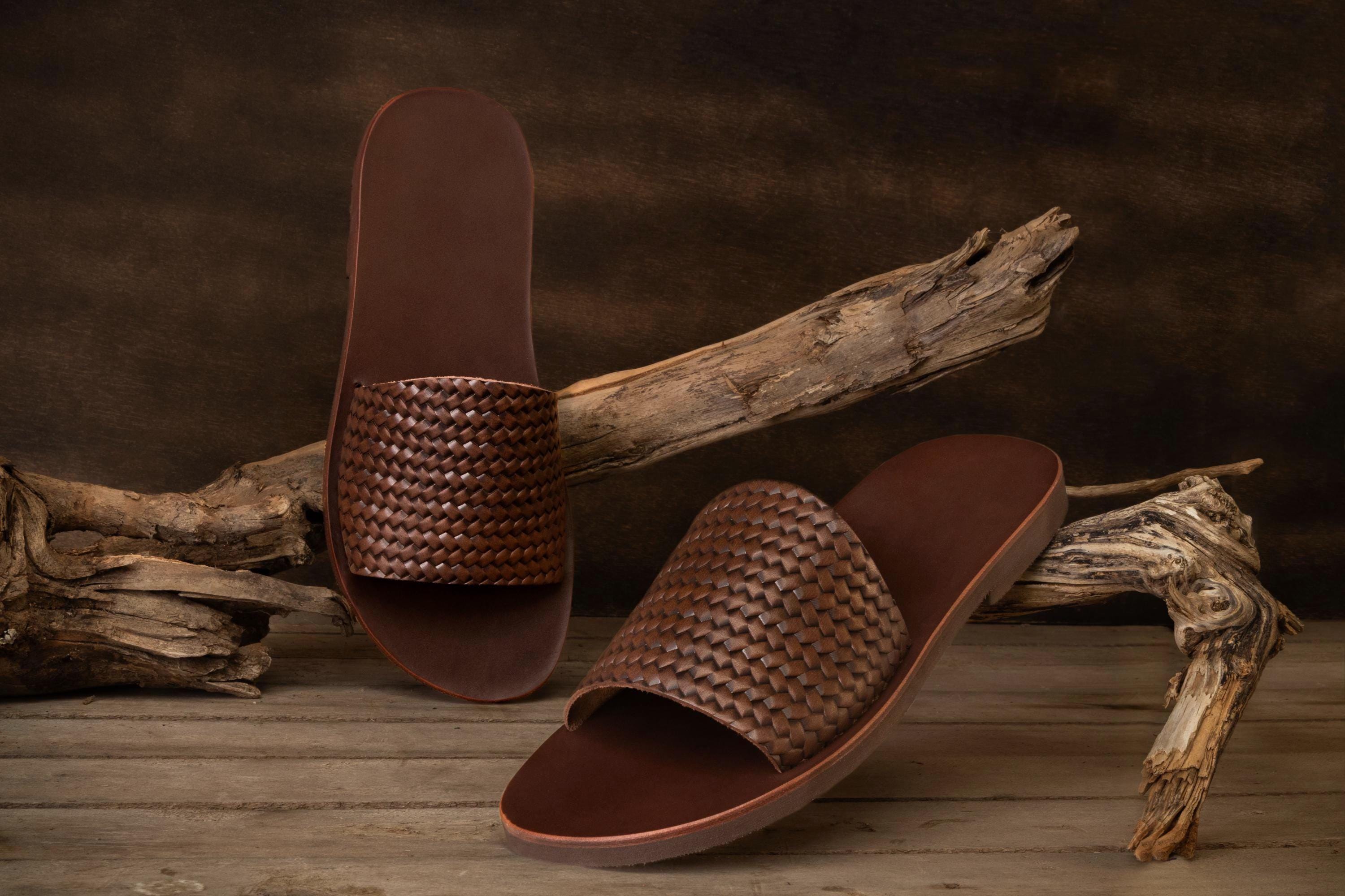 Men\'s Tan Leather Woven Slide Sandals Handmade Woven Leather Slide Sandals - Brown Braided Slip-on  main image 2