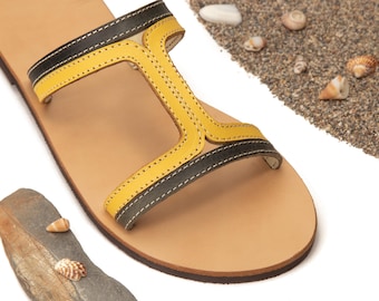 Handmade Leather Slide Sandals: Yellow & Green Detail, Made in Greece