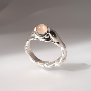 Dripping Silver Ring with Moonstone, Melted Sterling Silver Jewelry, Liquid Metal Jewellery, Bold Molten Ring, Statement Solitaire Cabochon