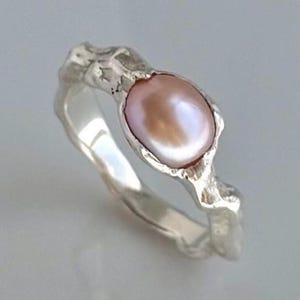 Natural Pearl Silver Ring, Molten Sterling Silver Big Pearl Solitaire