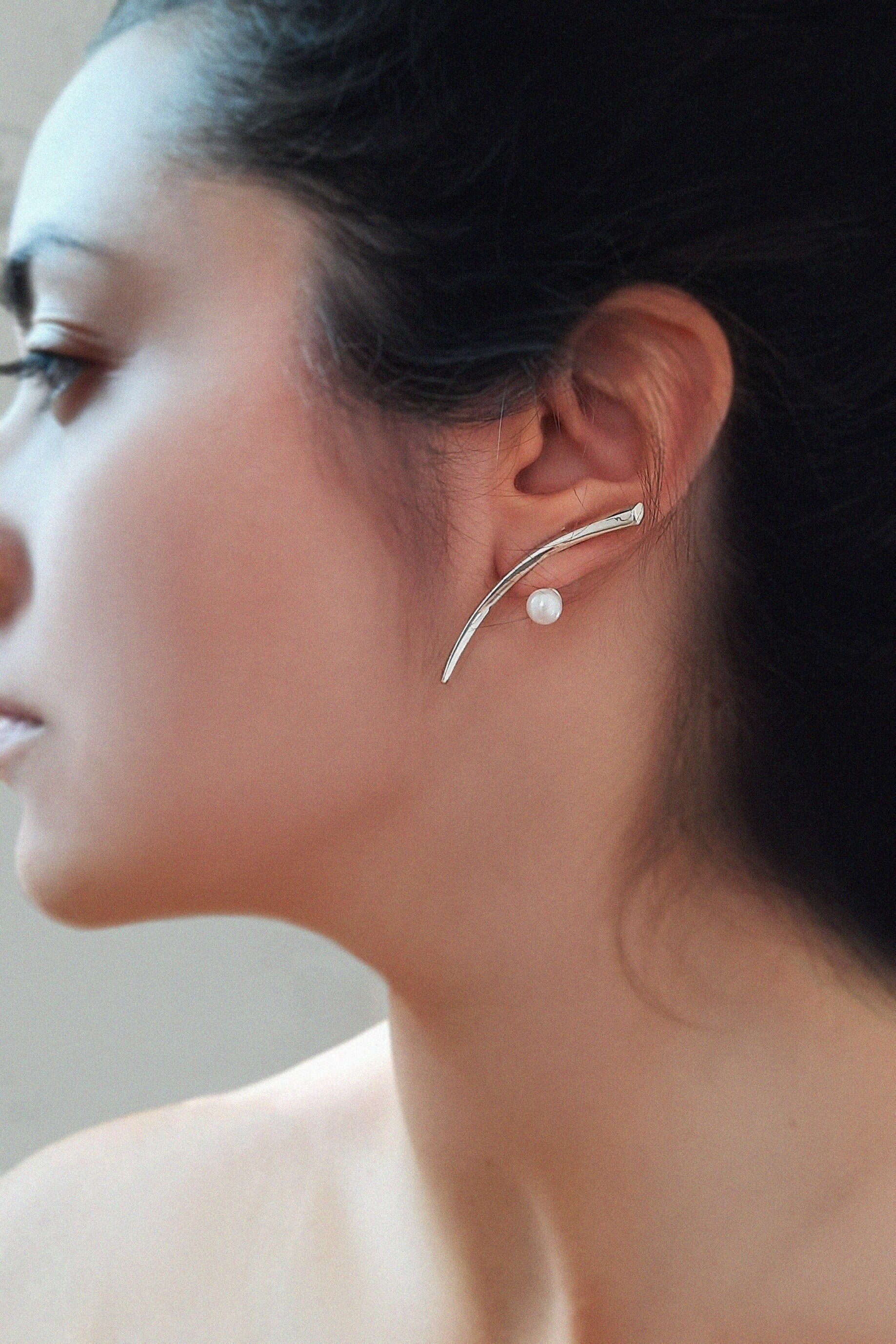 Pearl Long Earring, Statement Silver Earring, Round Freshwater White Pearl Jewelry, Ear Jacket Elegant Earring, Thorn Shaped Silver