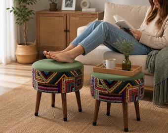 USTAAGAC Set of 2 Handmade Poufs, Ottoman Footstool, Wooden Leg Stool, Living Room Footrest, Boho Decor, Bedroom Seating, Entryway Stool