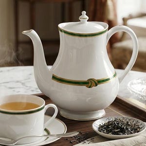 Théière Christofle - Modèle Ruban Vert -  Porcelaine Blanche Filet Or et Émail Vert – Service à Thé, Luxe Français