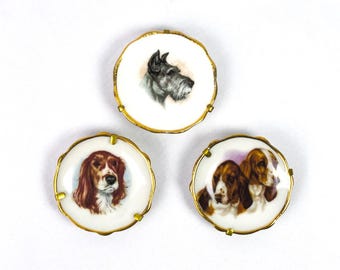 May include: Three small, round decorative pins with gold-colored rims. Each pin features a detailed portrait of a dog breed: a Schnauzer, a Spaniel, and two Basset Hounds. The portraits are painted on a white background.