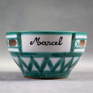 Bowl signed Robert Picault with green decoration and inscription of the first name &quot;Marcel&quot;, vintage ceramic Vallauris - 50s/60s - Mid-century design