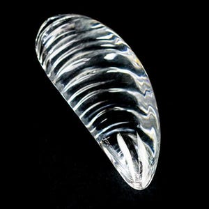 Puede incluir: Una escultura de cristal transparente y curvada con una textura acanalada similar a una concha. El objeto presenta una superficie lisa y pulida con luz reflejada a trav&eacute;s de su forma. La palabra "Baccarat" est&aacute; grabada en letra blanca.
