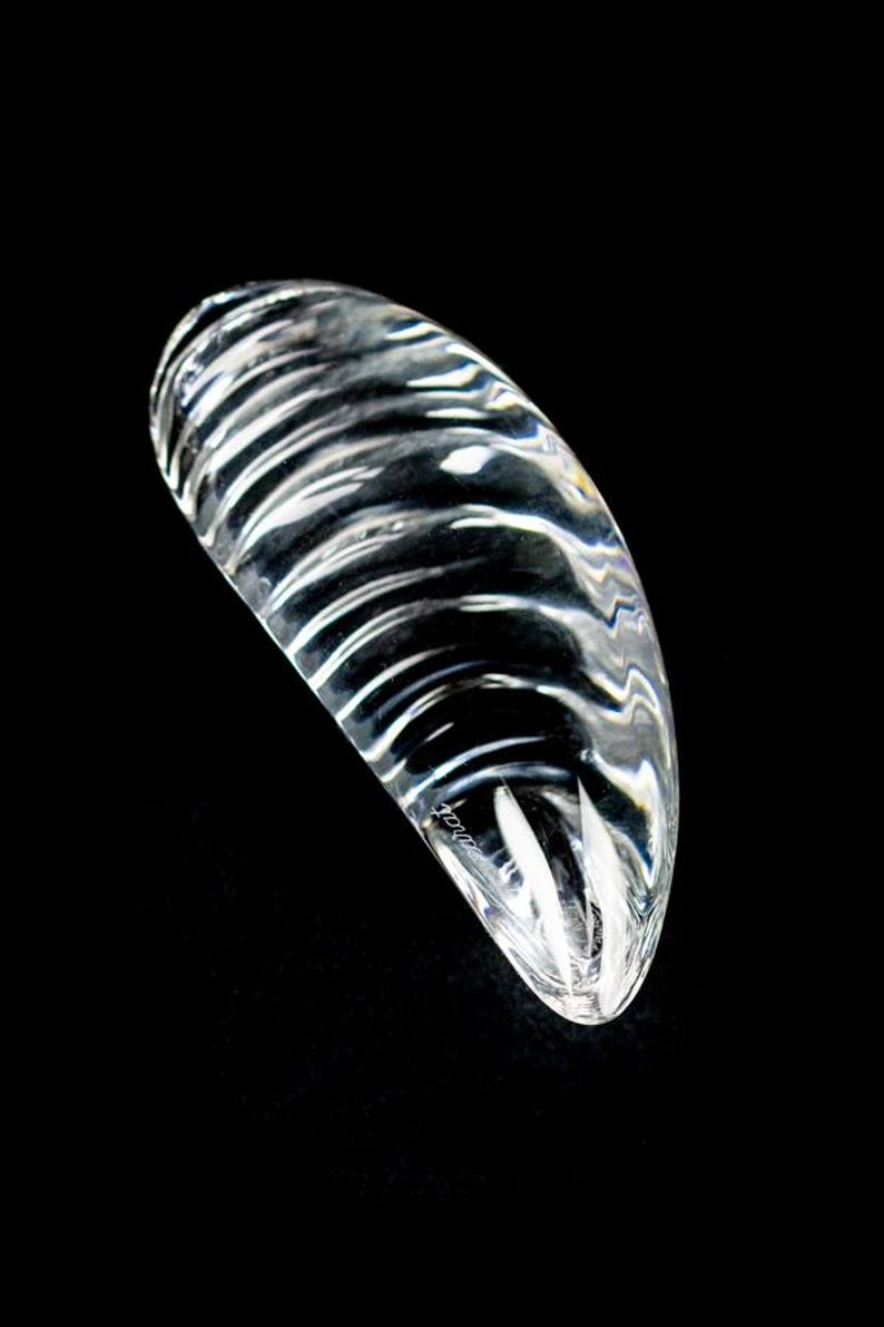 Puede incluir: Una escultura de cristal transparente y curvada con una textura acanalada similar a una concha. El objeto presenta una superficie lisa y pulida con luz reflejada a trav&eacute;s de su forma. La palabra "Baccarat" est&aacute; grabada en letra blanca.