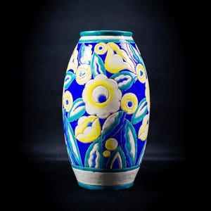 Boch Frères Keramis Art Deco vase - Charles Catteau - stylized floral decoration, blue enamel, cracked earthenware - 1920s/1930s - Belgian ceramics