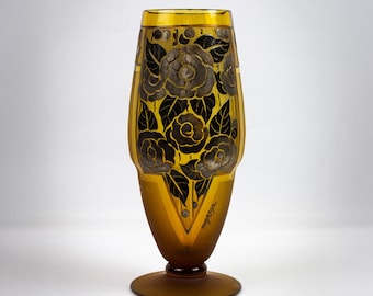 Jarrón Art Déco firmado D'Argyl en vidrio amarillo con decoración floral grabada al ácido – Francia, década de 1930 – Cerámica francesa y objeto de colección