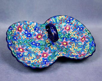 Longwy French earthenware factory - Large bowl/appetizer serving dish in blue glazed earthenware & cloisonné enamels, floral decoration, 1950s