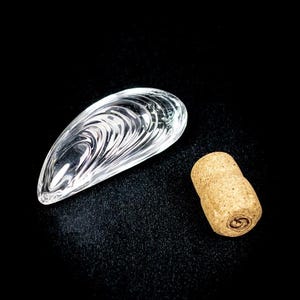 Puede incluir: Un objeto de vidrio transparente moldeado con forma de concha de mejill&oacute;n con crestas conc&eacute;ntricas visibles, colocado junto a un tap&oacute;n de corcho natural cil&iacute;ndrico de color marr&oacute;n claro con un peque&ntilde;o logotipo circular oscuro estampado.