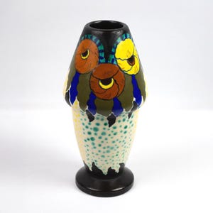 Vase obus Art Déco signé D'Argyl, céramique émaillée à fleurs stylisées, années 30 - objet de collection - french vintage pottery