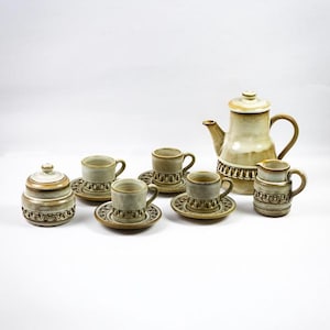 Beige glazed ceramic coffee set by Huguette Bessone Vallauris – 1960s – 11 signed pieces – vintage ceramics, France