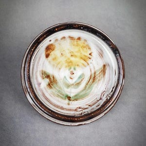 May include: A white ceramic plate with a brown rim and a hand-painted floral design in shades of yellow, green, and brown.