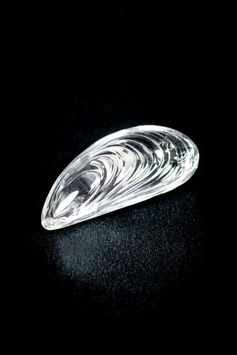 Puede incluir: Un objeto de vidrio transparente en forma de concha de mejill&oacute;n. La superficie presenta crestas intrincadas, elevadas y en espiral que imitan la textura natural de una concha de molusco, creando una apariencia reflectante y brillante.