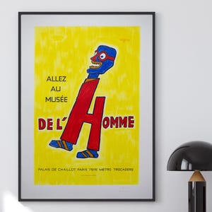 Raymond Savignac - Cartel publicitario original sobre lienzo para Le Musée de l'Homme, Francia 1981 - Decoración de pared de diseño y vintage