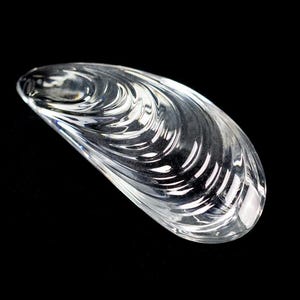Puede incluir: Una escultura de vidrio transparente e incoloro con forma de concha de mejill&oacute;n. El objeto presenta una superficie lisa y pulida con crestas curvas distintivas que imitan la textura natural de una concha bivalva, reflejando la luz.