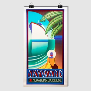 Póster publicitario vintage original, lienzo, para Skyward, Norwegian Cruise Line de Dennis ZIEMIENSKI. 1989. Estilo Art Déco.