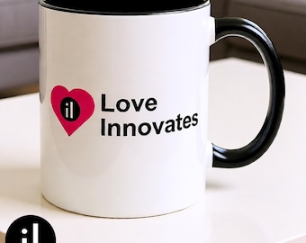 Taza de café Love Innovates – Diseño moderno de cerámica, regalo de San Valentín