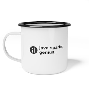 Taza de camping/café de camping esmaltada Java Sparks Genius, logotipo minimalista