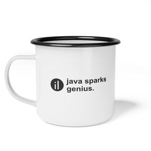 Copia de la taza de camping esmaltada Java Sparks Genius / taza de café para acampar, logotipo minimalista