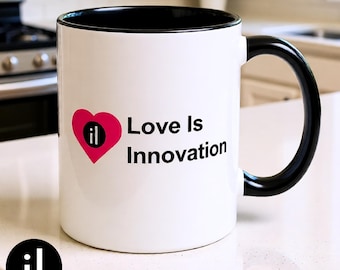Taza de café "El amor es innovación" – Taza de cerámica moderna con detalles decorativos