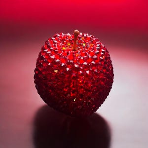 以下が含まれることがあります： キラキラ光る赤いクリスタルで覆われた、装飾用の赤いリンゴ。リンゴには小さな茶色の茎があり、グラデーションの赤い背景に置かれています。クリスタルが光を捉え、まばゆい効果を生み出しています。