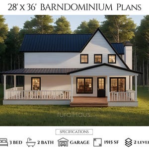 28x36 Barndominium Plans | American Farmhouse Plans | Farmhouse 3 Bed Floor Plan | Barndo Plans | Three Bedroom Barndominium with Garage