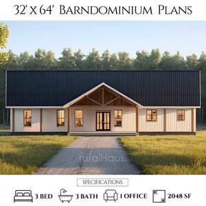32 x 64 barndominium-plattegronden | Scandinavische huisplannen | Moderne boerderij met 3 slaapkamers | Schuurplannen | Nordic House Plan - pdf's en CAD-bestanden