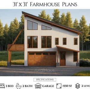 31x31 Farmhouse Plans | Scandinavian House Plans | Modern Barndominium Plans 3 Bed 2 Bath | House Plan - PDFs & CAD Files
