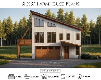 31x31 Farmhouse Plans | Scandinavian House Plans | Modern Barndominium Plans 3 Bed 2 Bath | House Plan - PDFs & CAD Files