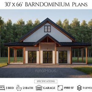 Barndominium-plattegronden van 30 x 66 | Plattegronden landhuis | Moderne boerderij met 3 slaapkamers en 2 badkamers | Bouwplan SF-huis 1980: pdf's en CAD-bestanden