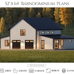 3 Bed Modern Farmhouse | 52x64 Barndominium Plans | Three Bedroom Barndominium with Garage | Rancher House Floor Plans - PDFs & CAD Files