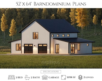 3 Bed Modern Farmhouse | 52x64 Barndominium Plans | Three Bedroom Barndominium with Garage | Rancher House Floor Plans - PDFs & CAD Files